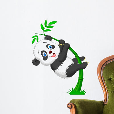 Cute Panda Cartoon Climbing Wall Decal shown on a wall