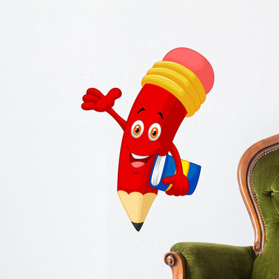 Pencil Cartoon Waving Hand Wall Decal shown on a wall