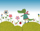 Little crocodile walking on flowering meadow Wall Mural