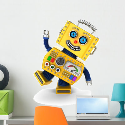 Yellow Vintage Toy Robot shown on a wall