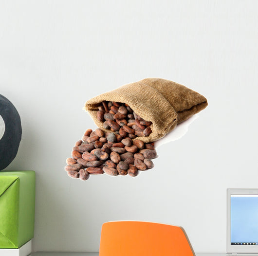 Cocoa beans in bag isolated on white Wall Decal