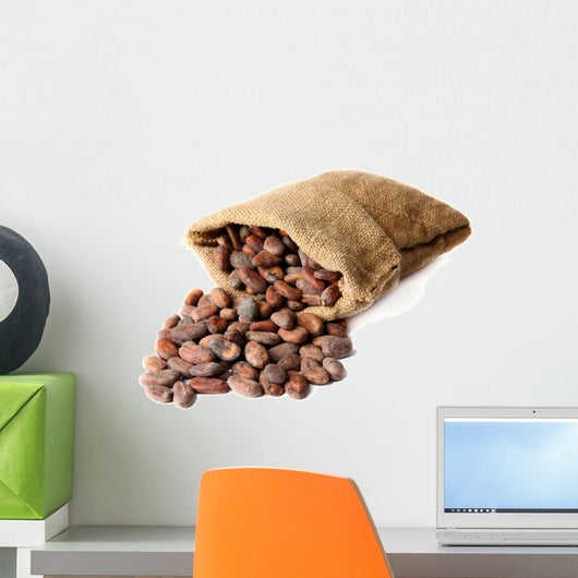 Cocoa beans in bag isolated on white Wall Decal