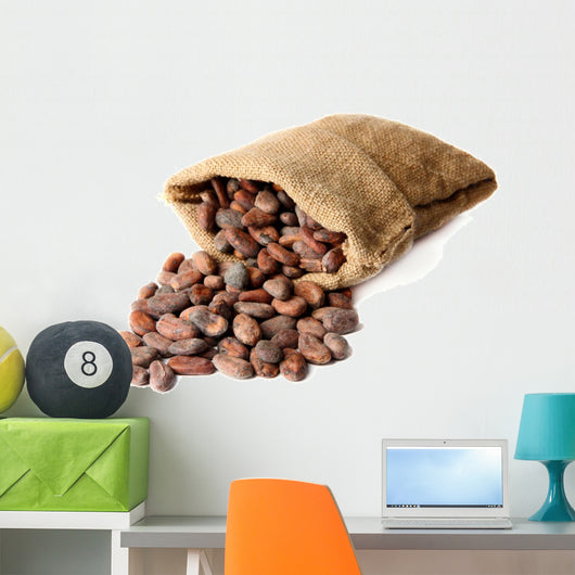 Cocoa beans in bag isolated on white Wall Decal