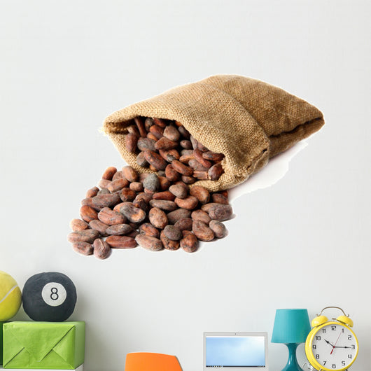 Cocoa beans in bag isolated on white Wall Decal