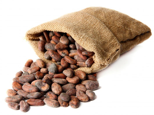 Cocoa beans in bag isolated on white Wall Decal