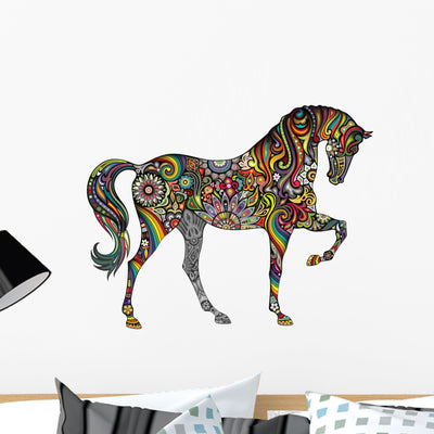 Cheerful Rainbow Horse Wall Decal shown on a wall