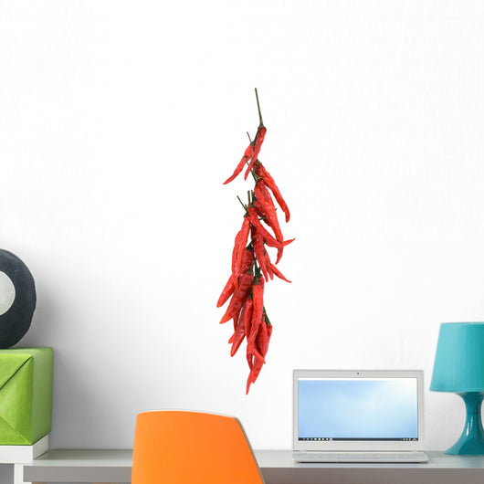 A string of dried red hot chili peppers isolated on white Wall Decal