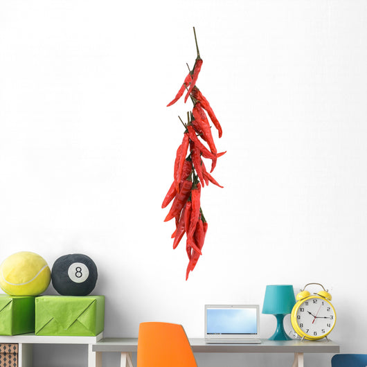 A string of dried red hot chili peppers isolated on white Wall Decal