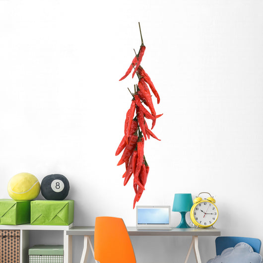 A string of dried red hot chili peppers isolated on white Wall Decal