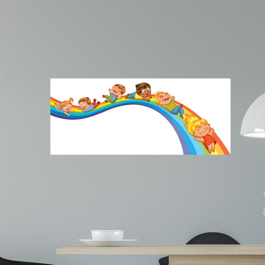 Children ride on a rainbow 
