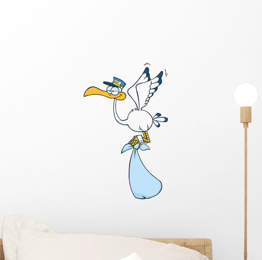 Cute Cartoon Stork Delivery a Baby Boy Wall Decal