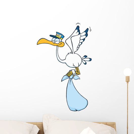 Cute Cartoon Stork Delivery a Baby Boy Wall Decal