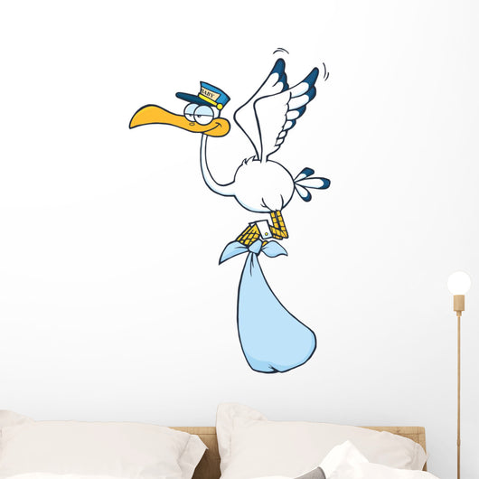 Cute Cartoon Stork Delivery a Baby Boy Wall Decal