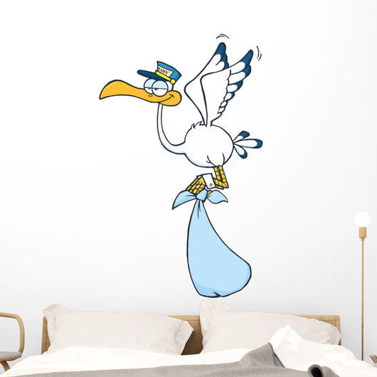 Cute Cartoon Stork Delivery a Baby Boy Wall Decal