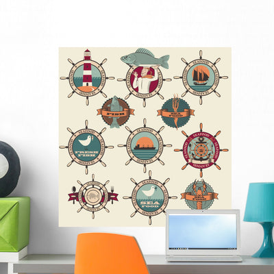 Seafood Labels Icons Badges Wall Mural shown on a wall