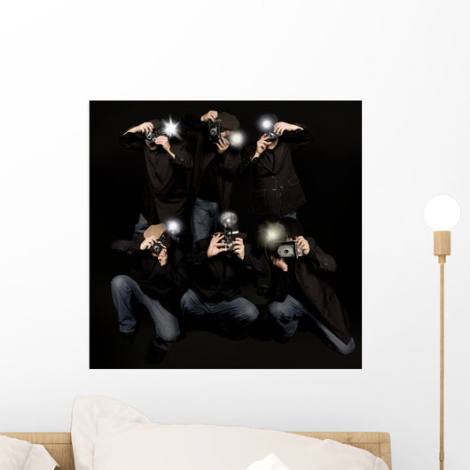Retro style paparazzi press photographers with vintage cameras Wall Mural