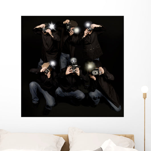 Retro style paparazzi press photographers with vintage cameras Wall Mural