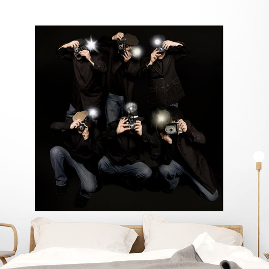 Retro style paparazzi press photographers with vintage cameras Wall Mural