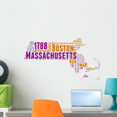 Massachusetts Usa State Map Wall Decal shown on a wall