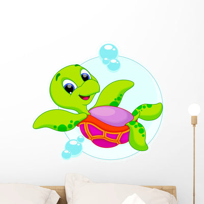 Cute Turtle Is Swimming Wall Decal shown on a wall