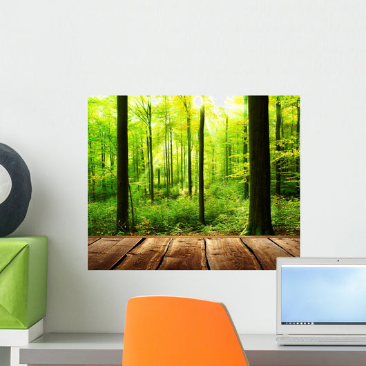 Fresh green forest with sunbeams and wooden floor 