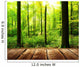 Fresh green forest with sunbeams and wooden floor 