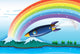 A rainbow with sparkling stars and an aircraft 