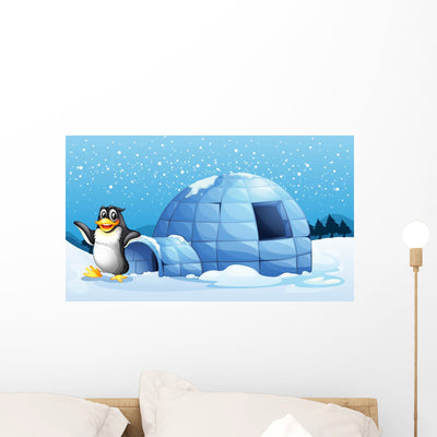 Penguin beside Igloo Wall Mural shown on a wall