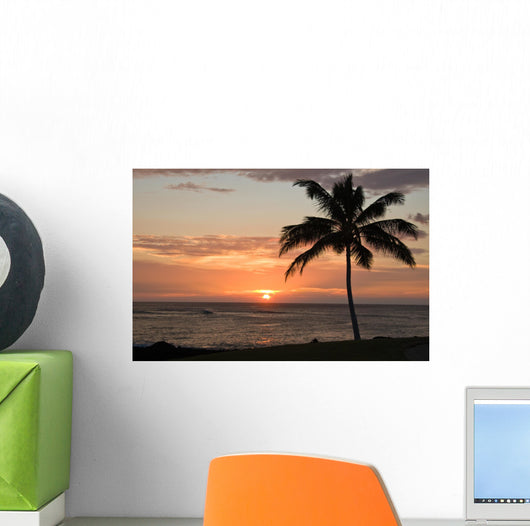 Sunset with single palm Wall Mural