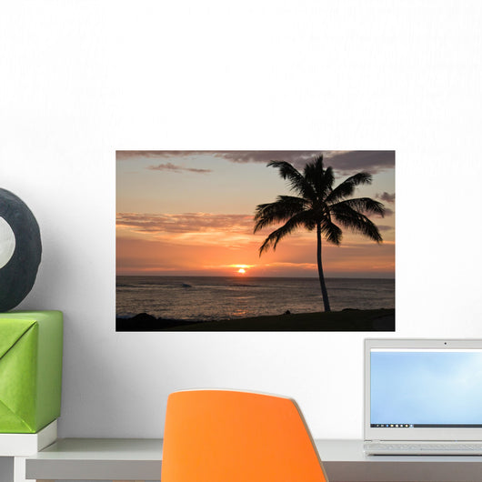 Sunset with single palm Wall Mural