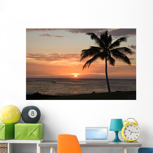 Sunset with single palm Wall Mural