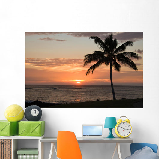 Sunset with single palm Wall Mural