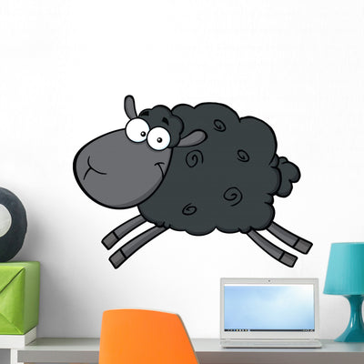 Black Sheep Cartoon Mascot Wall Decal shown on a wall