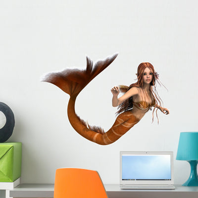 Golden Mermaid Wall Decal shown on a wall