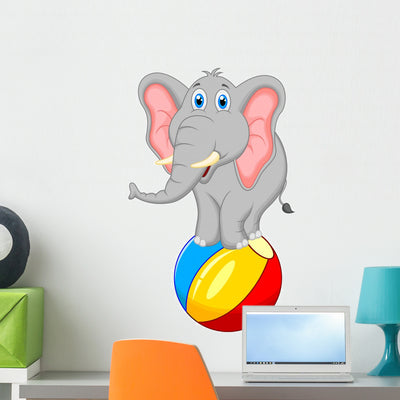 Elephant Cartoon Standing Ball Wall Decal shown on a wall