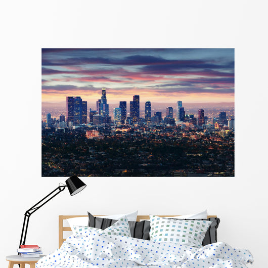 City of Los Angeles California at sunset with light trails 