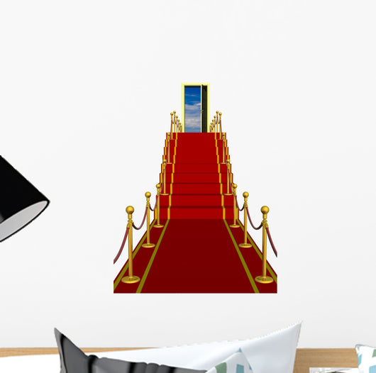 Red carpet path on a ladder with an open door against clouds Wall Decal