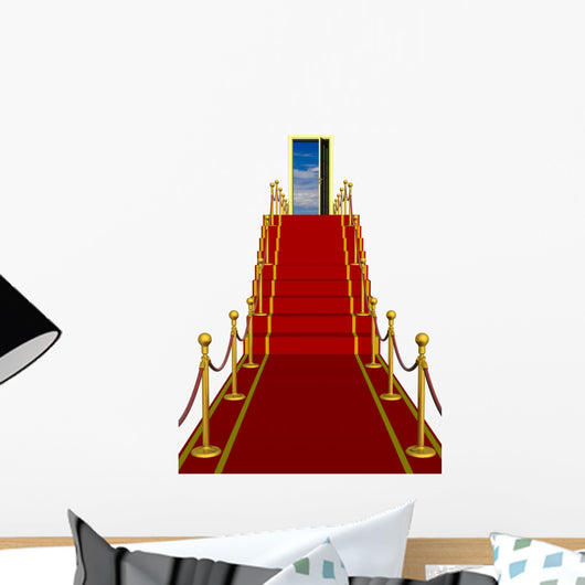 Red carpet path on a ladder with an open door against clouds Wall Decal