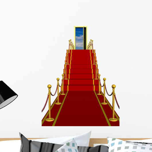 Red carpet path on a ladder with an open door against clouds Wall Decal