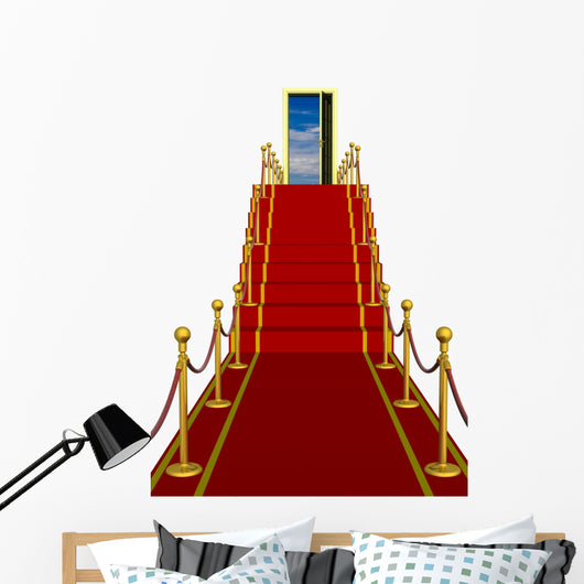 Red carpet path on a ladder with an open door against clouds Wall Decal