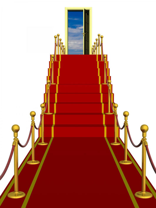 Red carpet path on a ladder with an open door against clouds Wall Decal