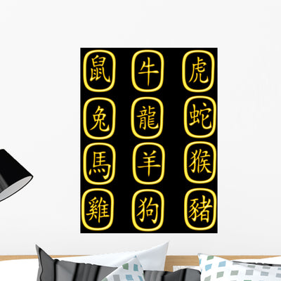 Golden Chinese Zodiac Black Wall Mural shown on a wall