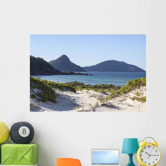 Landscape with sand dunes ocean islands and hills. Fingal Bay. P 