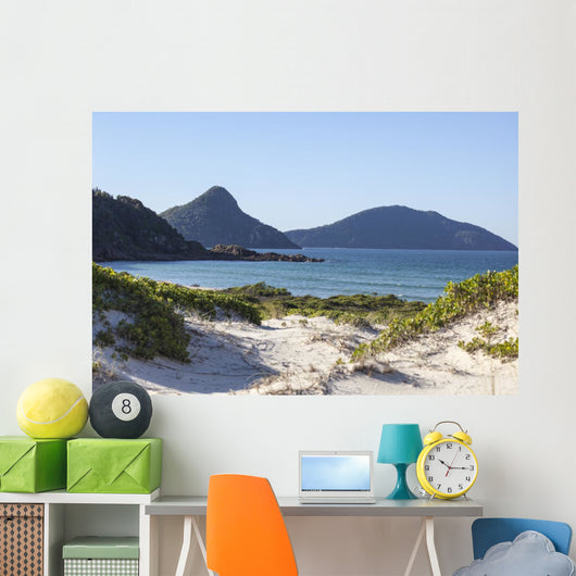 Landscape with sand dunes ocean islands and hills. Fingal Bay. P 