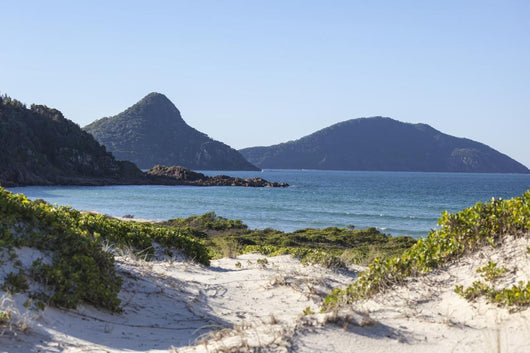 Landscape with sand dunes ocean islands and hills. Fingal Bay. P 