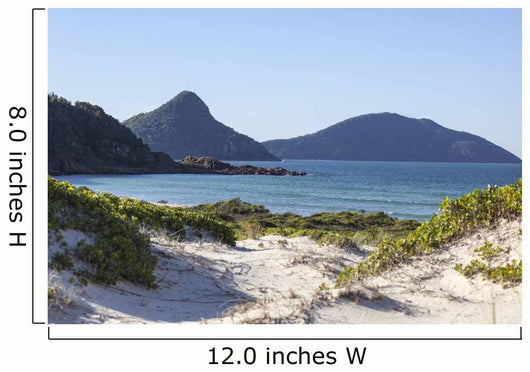 Landscape with sand dunes ocean islands and hills. Fingal Bay. P 