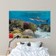 Colorful underwater coral reef with yellow stripped fish and big 