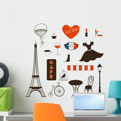 Paris Set Romantic Symbols Wall Stickers shown on a wall