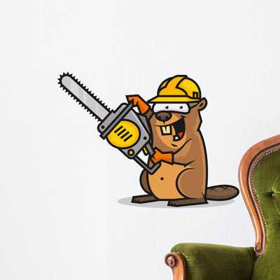 Beaver Holds Chainsaw Wall Decal shown on a wall