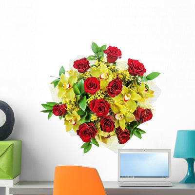Bouquet Roses and Orchids Wall Decal shown on a wall